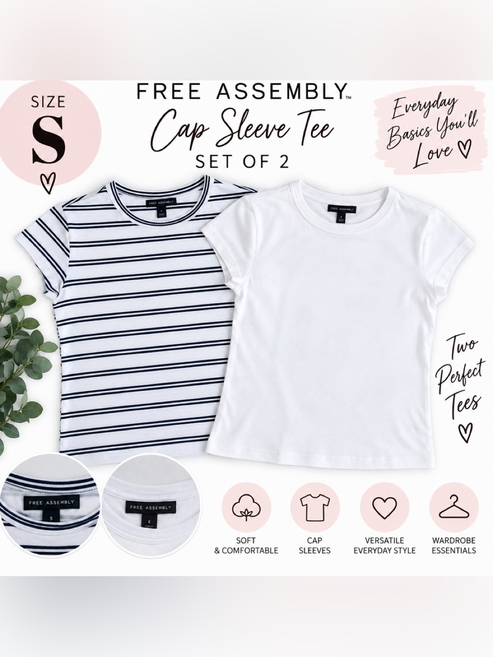NWT Free  Assembly Women’s Cap Sleeve Tee Set - White & Stripe Size S